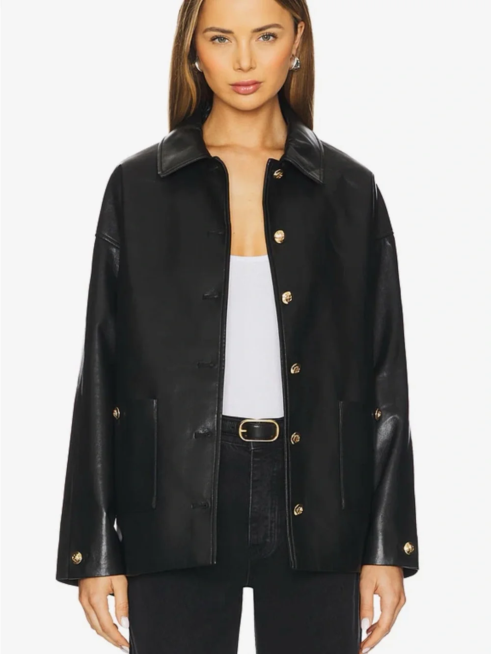 Anine Bing Luca Black Leather Button-Front Jacket with Gold Hardware